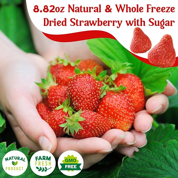 8.82OZ Whole Freeze Dried Strawberry - 100% Natural Strawberry with Sugar Vegan &amp NON GMO Dried Strawberries Perfect for Snack Beverages Baking Ice Cream Oatmeal(250g)