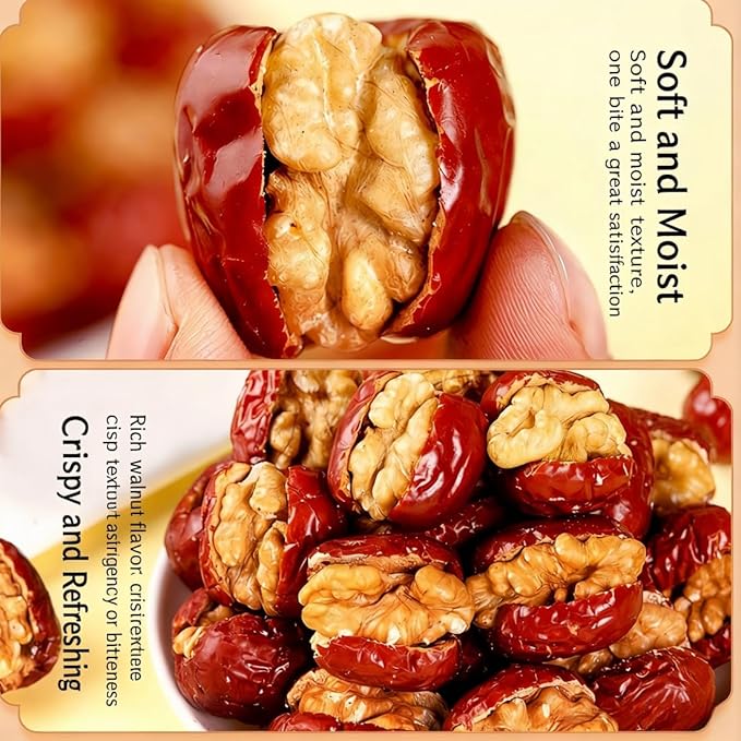 Jujube Dates with Walnuts 17.6 oz (500g)Only jujubes and walnuts - Natural Chinese Red Date Snack Healthy Jujube and Walnut Bites for Energy &amp Nutrition