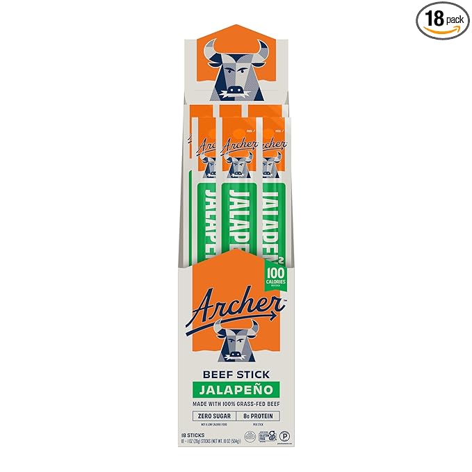 Archer Jerky Beef Jerky Sticks Jalapeno - Grass Fed Beef Sticks Individually Wrapped Bulk Protein Snack Packs Gluten Free Paleo Keto Sugar Free - 1 oz Each (Pack of 18)