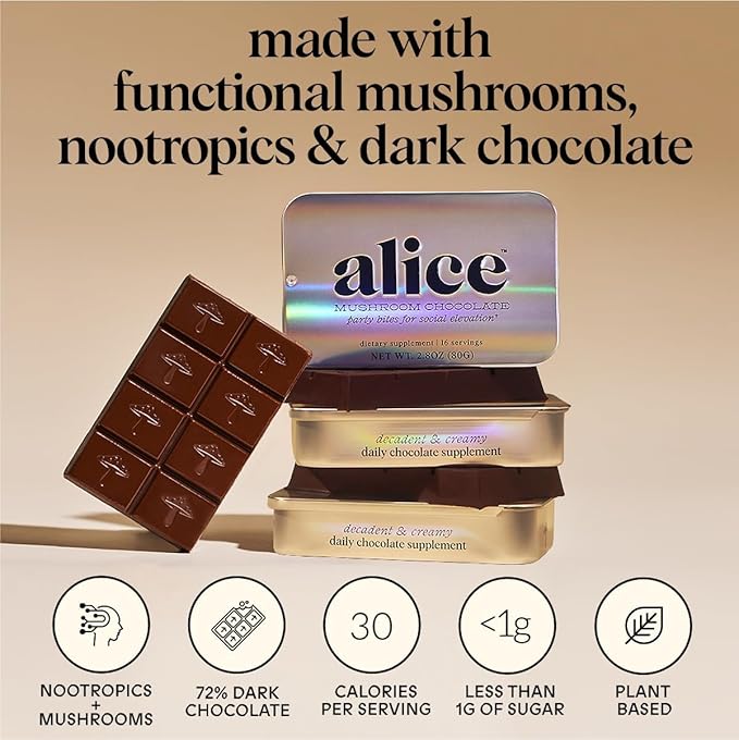 Alice Mushrooms Party Trick | Functional Mushroom Chocolate for Social Enjoyment | Cordyceps Kanna &amp Nootropics for Shared Experiences - 2 Pack