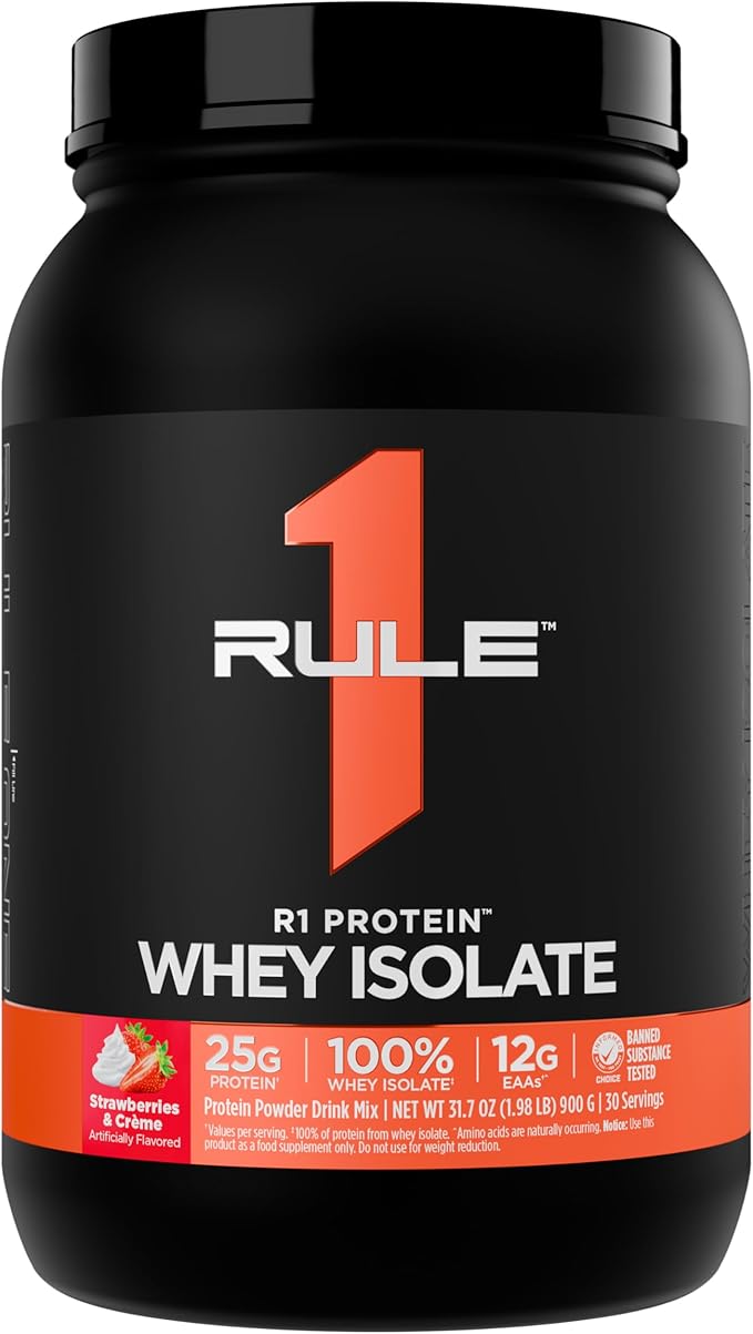 Rule 1 Proteins R1 Protein Whey Isolate - with 25g Protein &amp 6g BCAA Exclusively from Isolated &amp Hydrolyzed Sources for Workout Recovery (2 Pounds Strawberries &amp Crème)