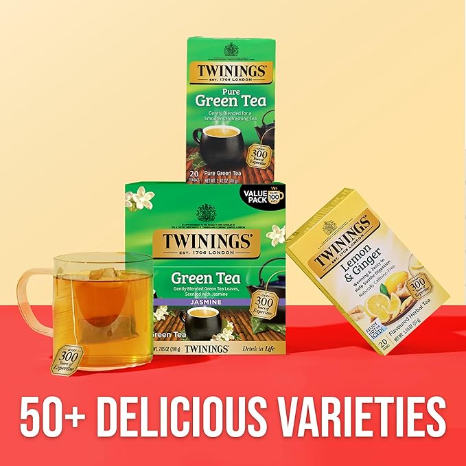 Twinings Green Tea with Jasmine Individually Wrapped Bags 100 Count (Pack of 1) Fragrant Floral Scent Caffeinated Enjoy Hot or Iced 100 Teabags