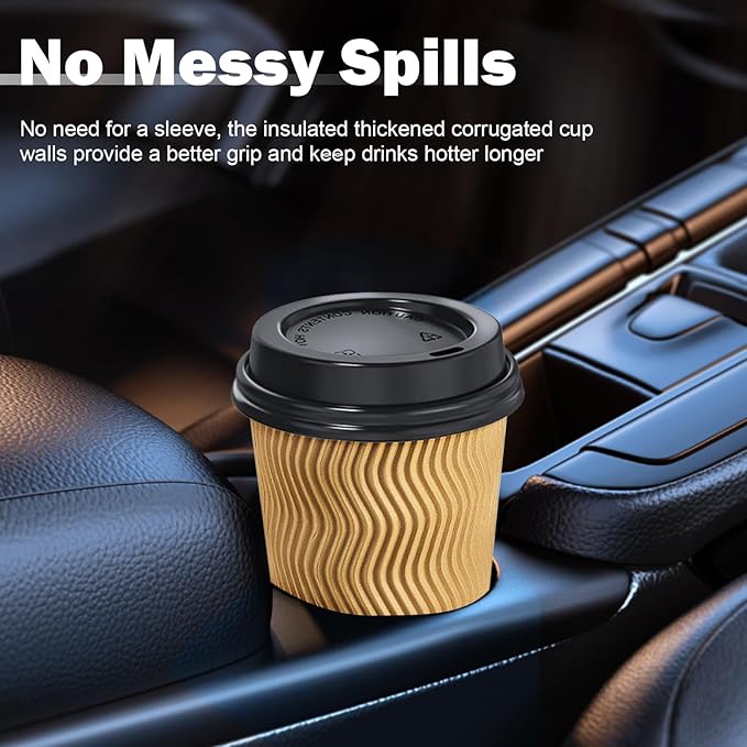 SIUQ 12 oz Coffee Cups-90 Pack Disposable Coffee Cups with Lids and Straws Insulated Ripple Wall To Go Paper Coffee Cup for Coffee Hot Chocolate and Hot Tea Drinks - Champagne