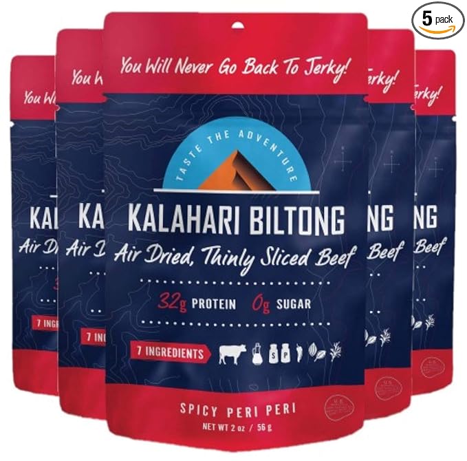 Kalahari Biltong | Air-Dried Thinly Sliced Beef | Spicy Peri Peri | 2oz (Pack Of 5) | Sugar Free | Keto &amp Paleo | Gluten Free | Better Than Jerky