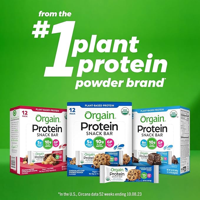 Orgain Organic Vegan Protein Bars Bundle - Chocolate Chip Cookie Dough &amp Peanut Butter Chocolate Chunk - 10g Plant Based Protein Gluten Free Non-GMO - 1.41 Oz (2 Pack of 12)