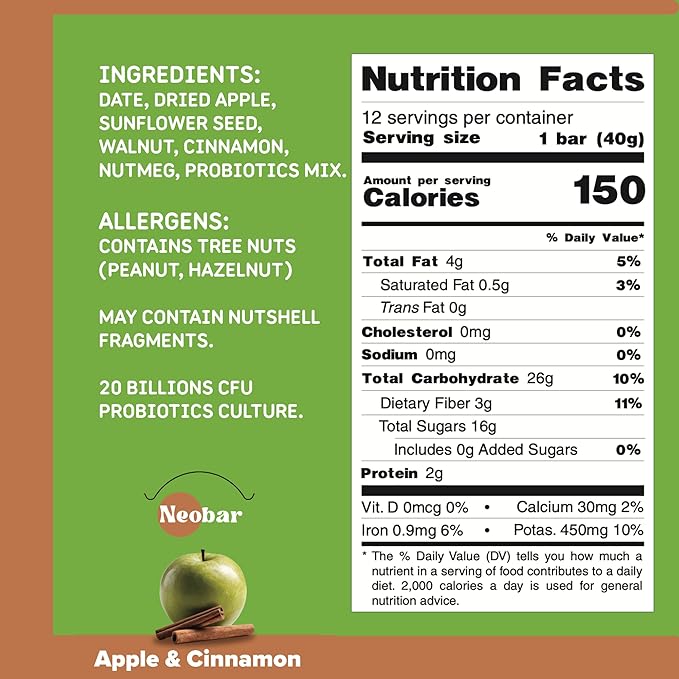 NEOBAR Probiotic Fruit and Nut Bars - Plant-Based Vegan Snack Bars Gluten Free Dairy Free Snacks No Added Sugar No Preservatives Non-GMO | Apple &amp Cinnamon12 Count