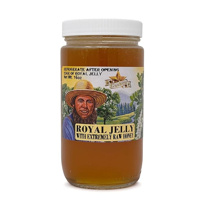 Goshen Honey Raw Royal Jelly Honey - With 25g of Royal Jelly - Unfiltered - Unprocessed - Pure &amp Natural Bee Essence from Amish Country USA - For Natural Energy - Dairy &amp Gluten Free - 454g/1