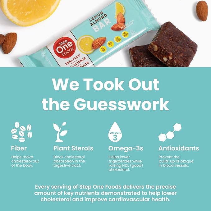 Step One Foods Lemon Almond Bar Heart Healthy Snack Plant Sterols Omega 3's High Fiber Snack Gluten &amp Dairy Free Vegan Zero Sodium Granola Bars (12 Pack)