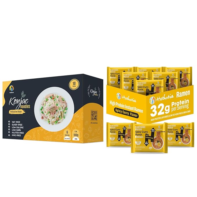 Hethstia Konjac Fettuccine &amp Spicy Curry Protein Ramen Bundle – Vegan Low Calorie Pasta + High Protein Noodle Soup – 10 Fettuccine + 6 Ramen Packs