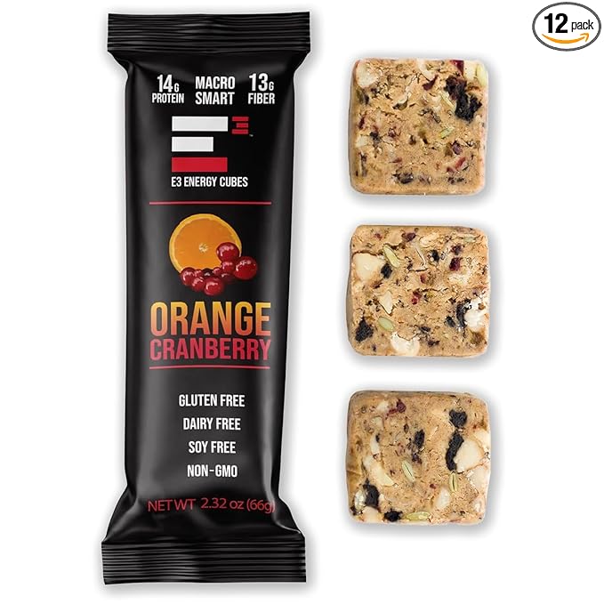 E3 Energy Cubes- Orange Cranberry Refrigerated Protein Bars | Gluten Free Dairy Free Soy Free Non-GMO Macro Smart Prebiotic Fiber Prebiotic Fiber | High-Protein Healthy Snack Bars | Made in USA