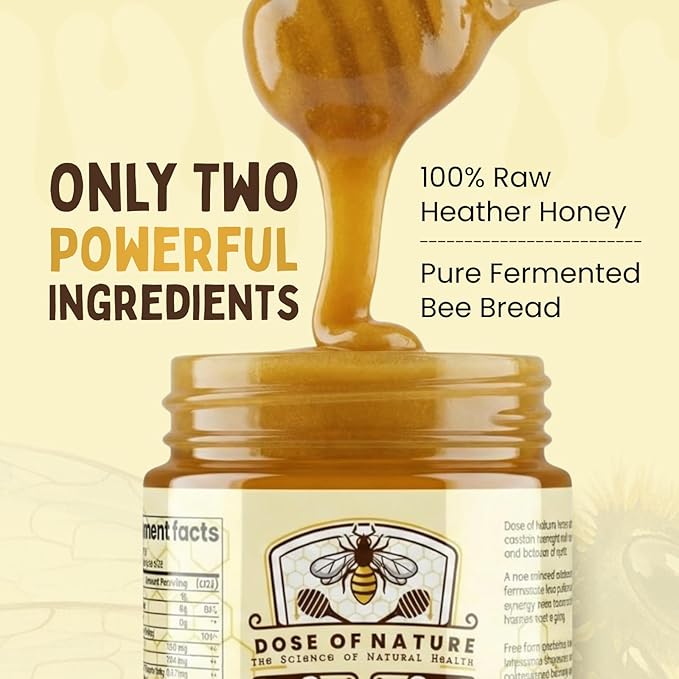 DOSE OF NATURE Raw Honey with Bee Bread | Small Batch Unfiltered Superfood Honey Pack for Energy &amp Stamina | Organic Honey for Vitality Recovery Immunity &amp Daily Wellness | Wildcrafted 50