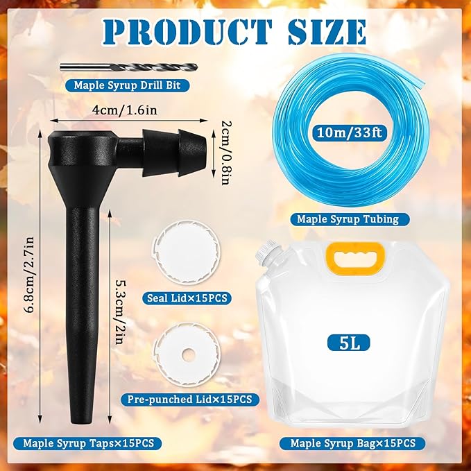 15 Sets Maple Syrup Tapping Kit Include Maple Syrup Taps 5L MapleSyrup Bags（Perforated &amp Non-perforated Two Types of Lids） 33Ft Tubing Drill Bit Maple Tree Tapping Kit for Experts or Beginner