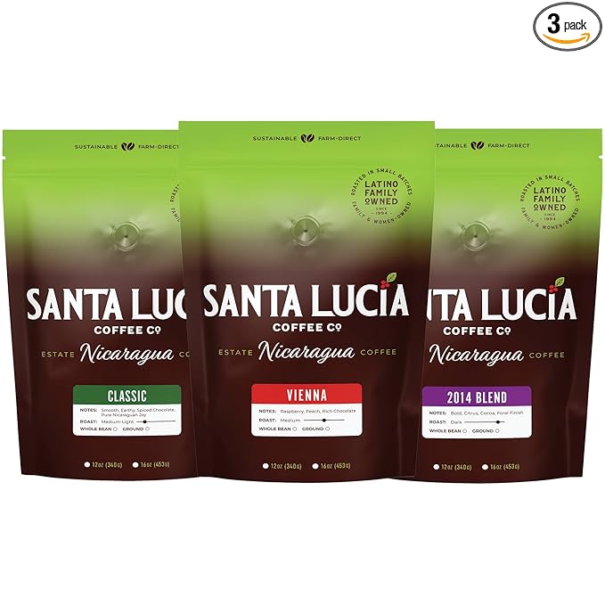 Santa Lucia Coffee - Specialty Nicaraguan Coffee Variety Pack - Light Medium &amp Dark Roast - Low Acid 91 Point SHG Small Batch Roasted 100% Single-Origin Whole Bean 3 Bags (16oz Each)
