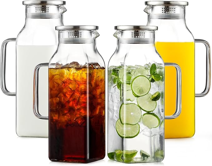 Netany 4 Pack 2 Liters/68 oz Square Glass Pitcher with Lid and Handle for Fridge Iced Tea and Coffee Carafe Beverage Serveware Heat Resistant Borosilicate Water Jug for Hot/Cold Drinks and Milk