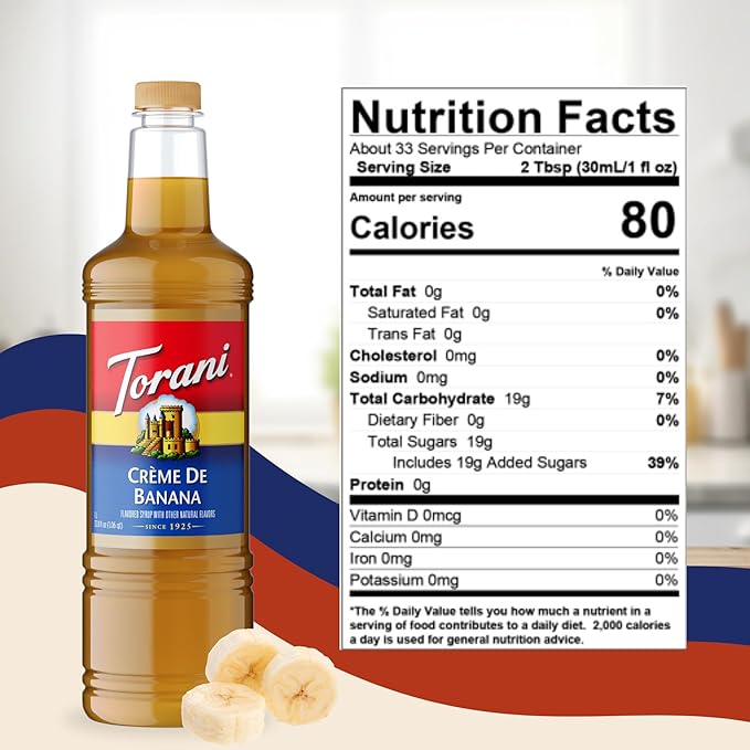 Torani Crème De Banana Syrup 1 Liter Bottle with Pump – Premium Banana Flavoring with Pure Cane Sugar &amp Natural Ingredients for Coffee Cocktails Desserts Smoothies &amp More