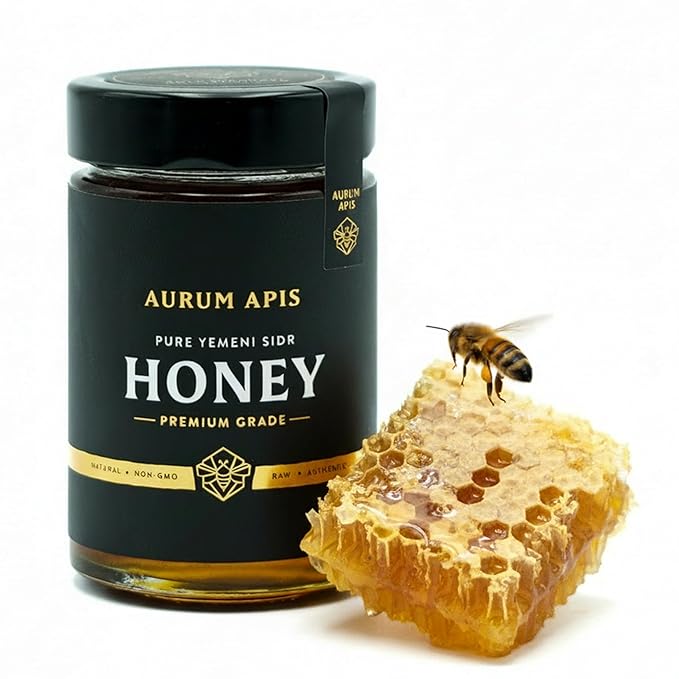 Aurum Apis Raw Yemeni Sidr Honey 100% Raw Unfiltered Pure Honey Hand Harvested Organic Honey Non-GMO Unprocessed Certified Organic Honey from Sidr Tree Blossoms Rich Flavor &amp Aroma Honey Jar