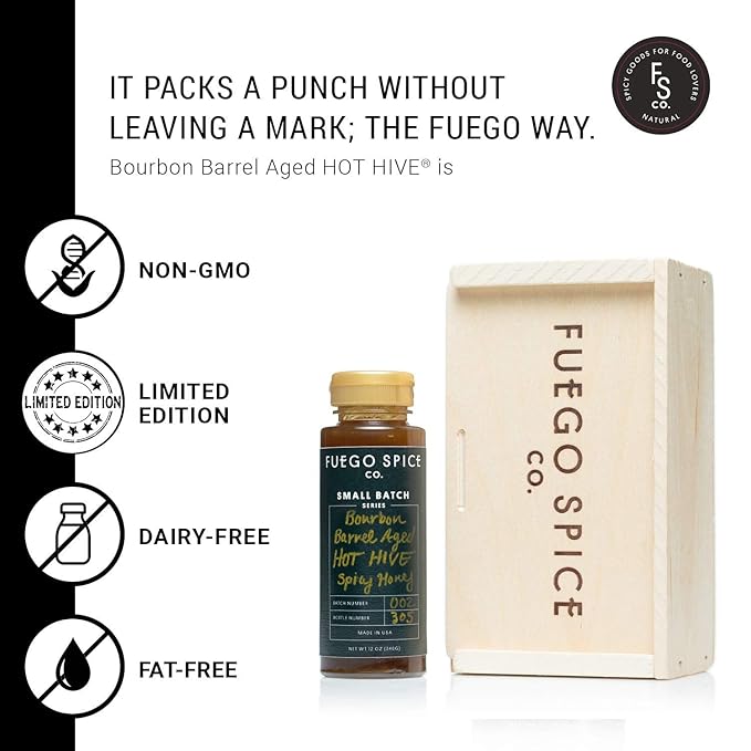 HOT HIVE Bourbon Barrel-Aged Spicy Honey by Fuego Spice - Custom Hot Sauce Gift Set Box - Aged in Award-Winning Bourbon Barrels with Organic Carolina Reaper - 12 oz. - Heat Level: Mild