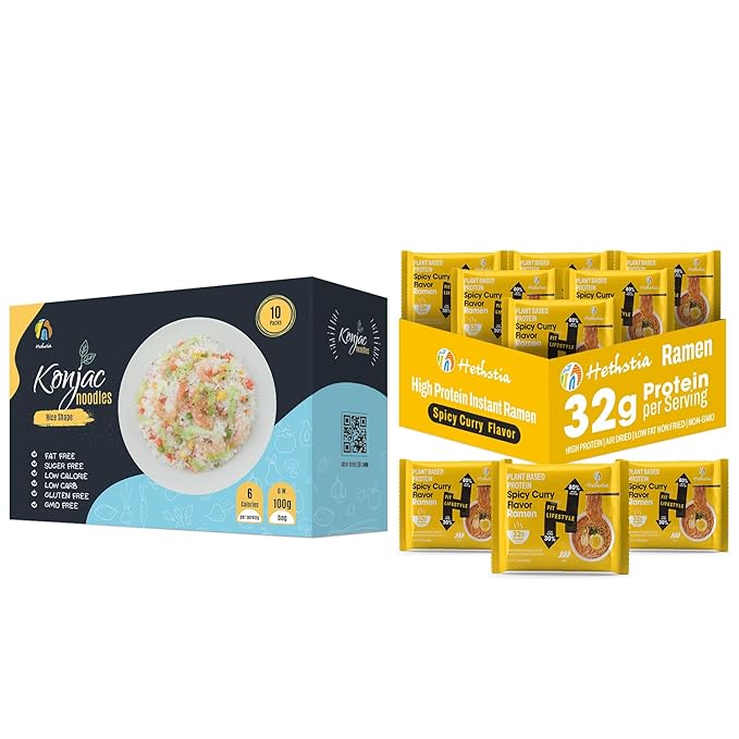 Hethstia Bundle – Konjac Shirataki Rice &amp High Protein Ramen Spicy Curry Flavor 10 Konjac Rice Packs + 6 Curry Ramen Bags Vegan 32g Plant Protein Low Fat Non-GMO Healthy Quick Meal Kit