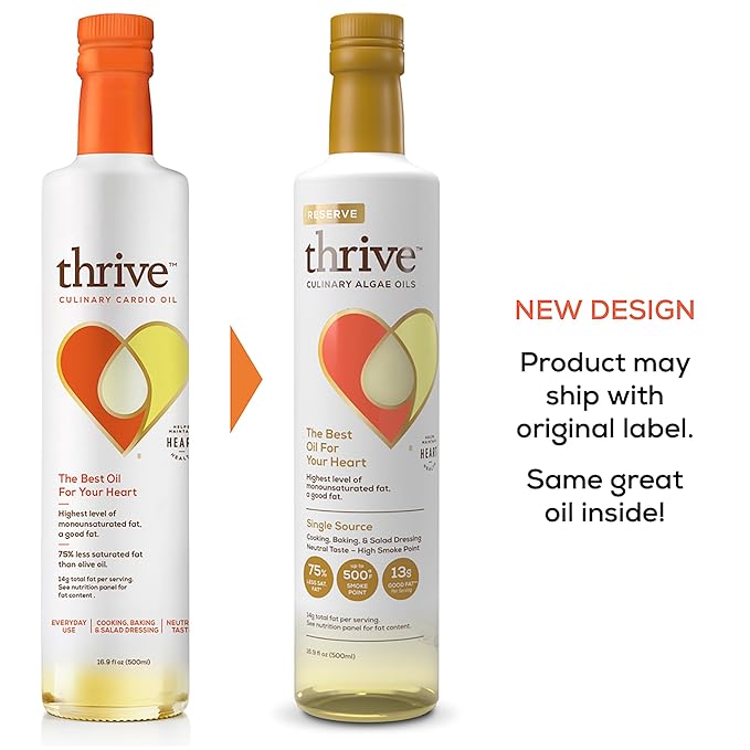 Thrive Cooking Oil - Reserve Pure Algae Oil Heart and Health-Conscious Oil Rich in Omega-9 Monounsaturated Fat (90%) Very Low Omega-6 16.9 fl oz 2 Pack