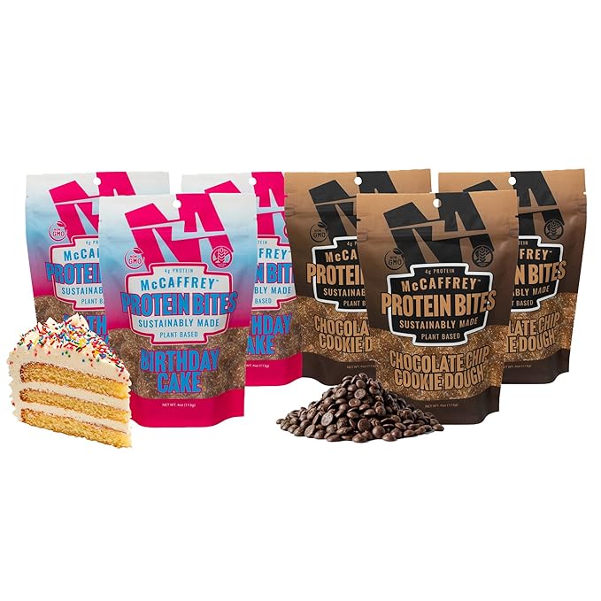 McCaffrey Protein Bites Birthday Cake + Chocolate Chip Cookie Dough Bundle – 3-Pack of Each Flavor Vegan Gluten-Free High Fiber Energy Snacks with 4g Protein