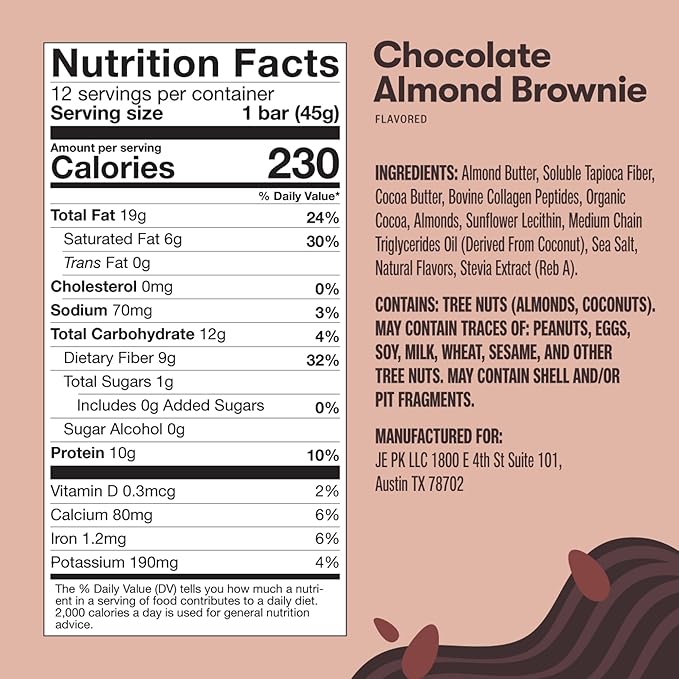 Perfect Keto Bars - The Cleanest Keto Snacks with Collagen and MCT. No Added Sugar Keto Diet Friendly - 3g Net Carbs 19g Fat 10g protein - Diet Food Dessert (Almond Butter Brownie 12 Bars)