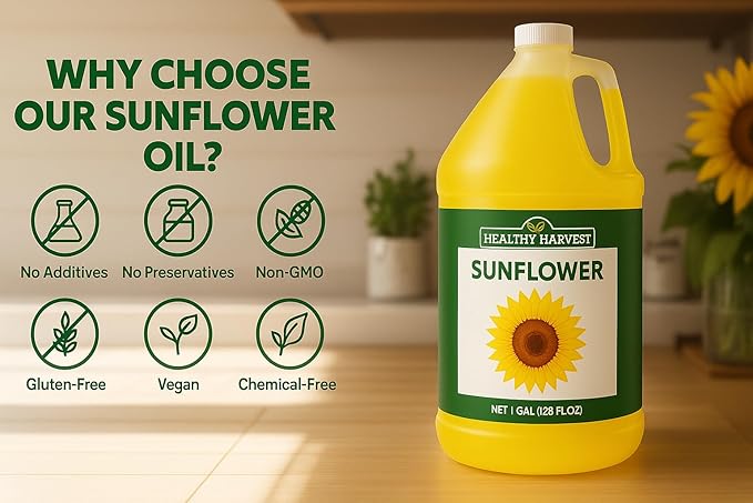 Healthy Harvest Non-GMO Sunflower Oil - Healthy Cooking Oil for Cooking Baking Frying &amp More - Naturally Processed to Retain Natural Antioxidants (One Gallon)