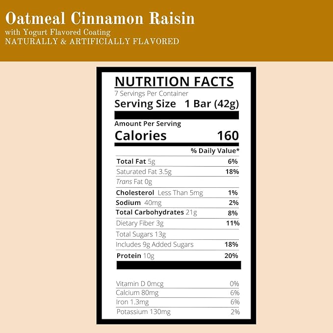 Nutmeg State Nutrition - High Protein Snack Bars 10g Protein 160 Calories Low Sodium 21g Carbs 3g Fiber 7 Servings Per Box (Oatmeal Cinnamon Raisin)
