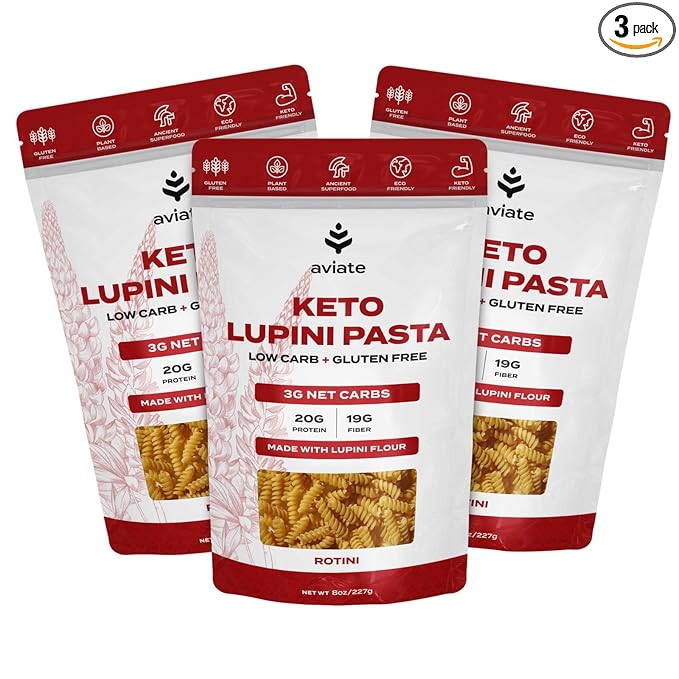 Aviate Keto Pasta Rotini - Low Carb (3g Net) Lupini Noodles High Protein (20g) Gluten-Free Made with Lupin Flour Plant Based Vegan Keto-friendly Low Carb - Rotini (8oz) (Pack of 3)