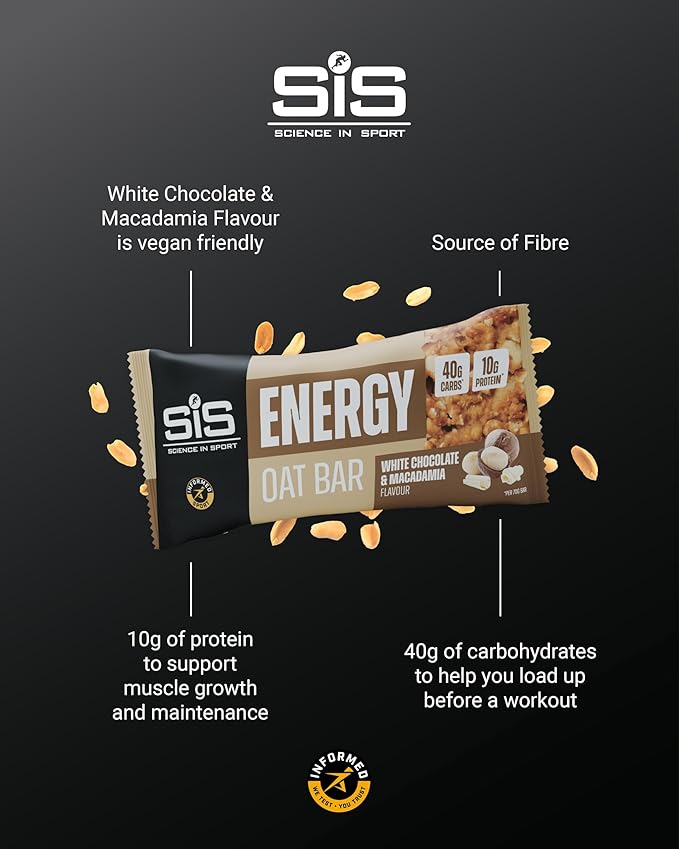 Science in Sport Energy Oat Bar - Oat Energy Bar for Elite Athletes - 40g Carbohydrates - 10g Protein - Balanced Nutrition Sports Snack - Vegan-Friendly - White Chocolate &amp Macadamia Flavor - 12 C