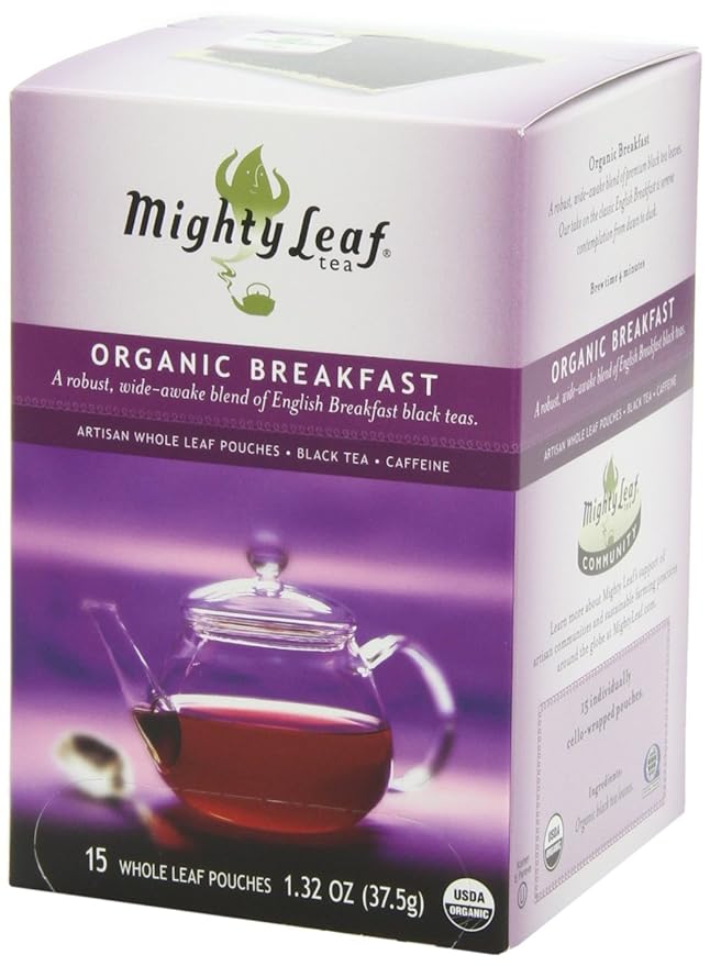 Mighty Leaf Organic Breakfast Black Tea – 45 Count (3 Packs of 15) Silken Pouches – Premium Whole Leaf Caffeinated Tea – Bold English Breakfast Blend for Hot or Iced Brewing