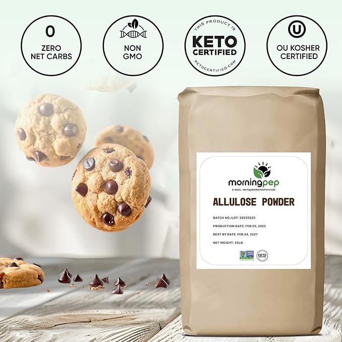 Morning Pep Allulose Sweetener 55 lb – Zero Calorie Sugar Alternative 100% Pure No Erythritol Non-GMO Project Verified Keto Certified OU Kosher No Fillers Ideal for Baking and Beverages BULK B