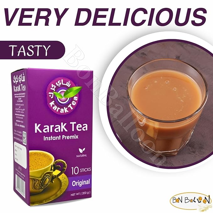 Karak Tea Instant Premix Natural Chai Powder Oriental Egyptian Arab Egypt Arabic Non Gmo Kosher Halal (1 Pack = 10 Sachets x 20 gm) شاى كرك سادة سريع التحضير