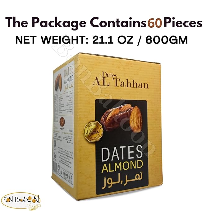 Al Tahhan Dates With Almond Stuffed Premium Semi Dry Without Seed Delicious Sweet Finest Natural Tamr Food Fresh Egypt Ramadan No Gmo Kosher Halal (1 Pack = 60 Pcs - Net W : 21.17 oz) تمرمحشو لوز