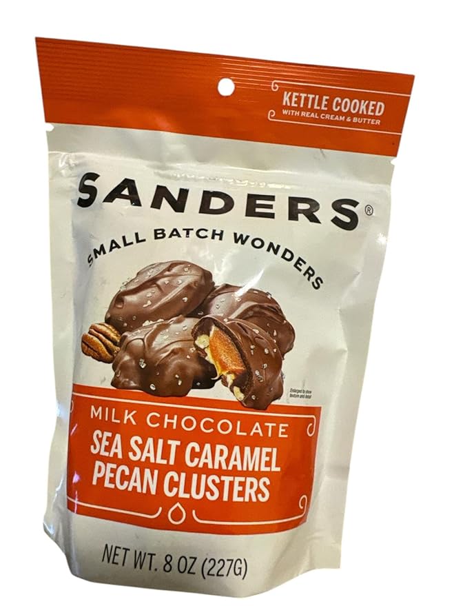 Sanders Small Batch Wonders Milk Chocolate Sea Salt Caramel Pecan Clusters Kettle Cooked with Real Cream and Butter 8 oz