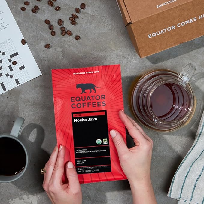 Equator Coffees Mocha Java Blend Organic Whole Bean Coffee Medium Dark Roast Fresh Roasted Dark Chocolate &amp Berry Flavor Notes Sustainable and Fair Trade Certified 10.5 oz Bag