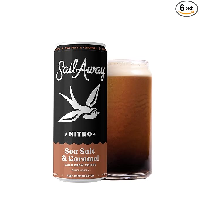Sail Away Coffee Nitro Cold Brew Coffee Cans - Less Acidic Coffee Beverages | Draft Nitrogen Pour 220mg Caffeine Gluten Free Organic Keto Sea Salt &amp Caramel 6 Pack