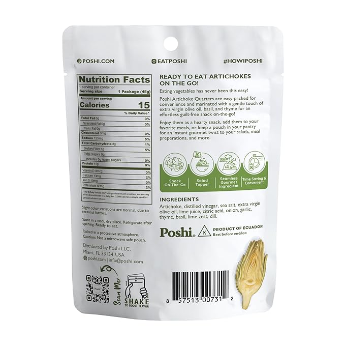 POSHI Artichoke Hearts with Basil and Thyme – Ready-to-Eat Snack Pack – Vegan Keto Low Carb Gluten Free Non-GMO (10 Pack 1.58 oz)