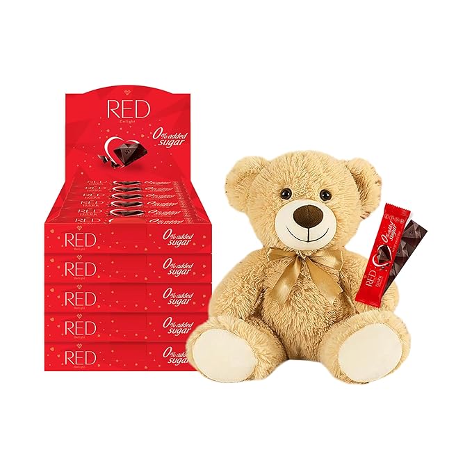 RED Delight®™ Dark Chocolate 12 Count Box of Grab N Go Travel Size Bars (0.92 Ounces Each) with 14 Plush Teddy Bear (5 Boxes - Total of 60 Bars + 14 Plush Teddy Bear)