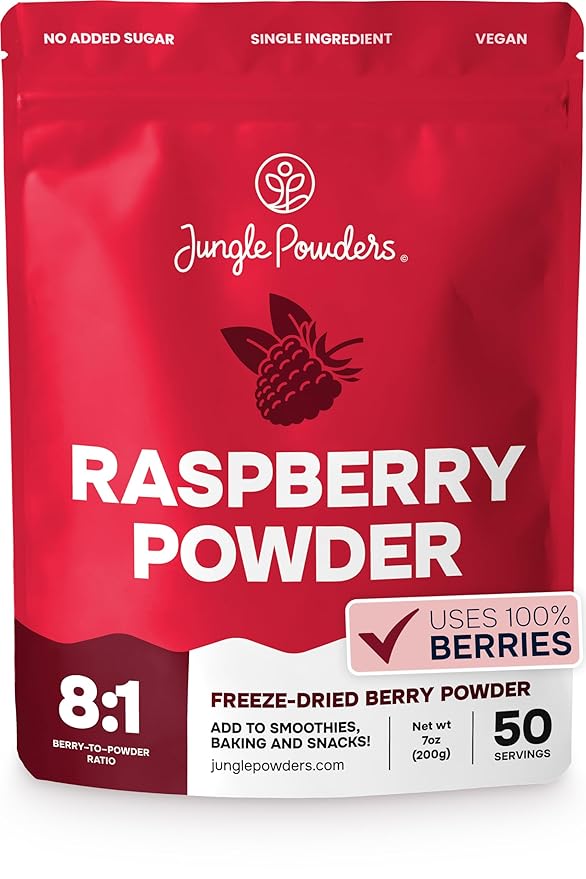 Jungle Powders Freeze Dried Raspberry Powder 7 Ounce Bag Powdered Unsweetened Freeze Dried Raspberries Additive Filler and GMO-Free Red Superfood Extract for Baking