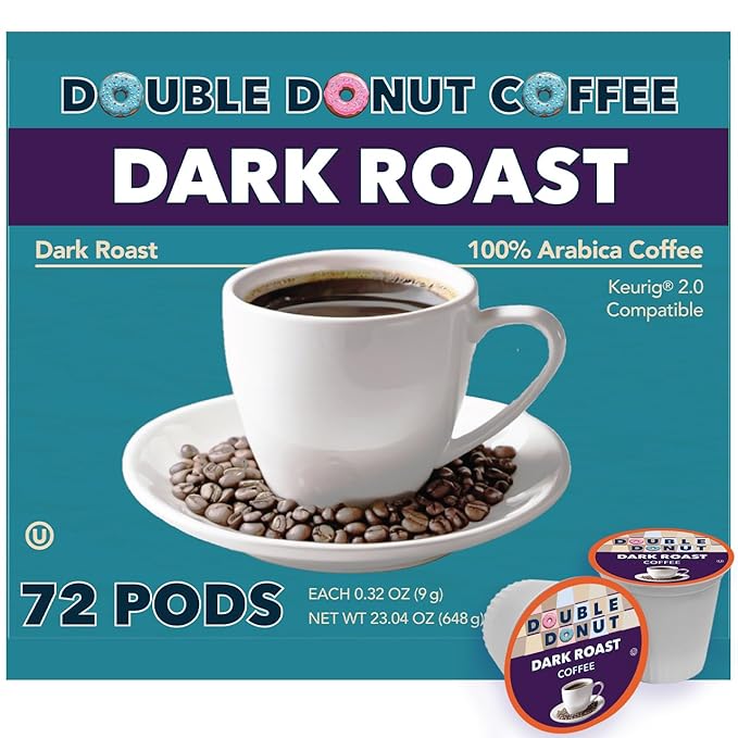 Double Donut Coffee Extra Bold Blend Dark Roast Coffee Pods Dark Roast Coffee Compatible with Keurig K Cups Brewers 72 Count