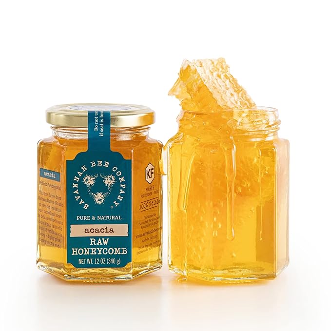 Savannah Bee Company Pure Raw Acacia Honeycomb - All Natural Unfiltered Honeycomb (12 Ounce Hexjar)