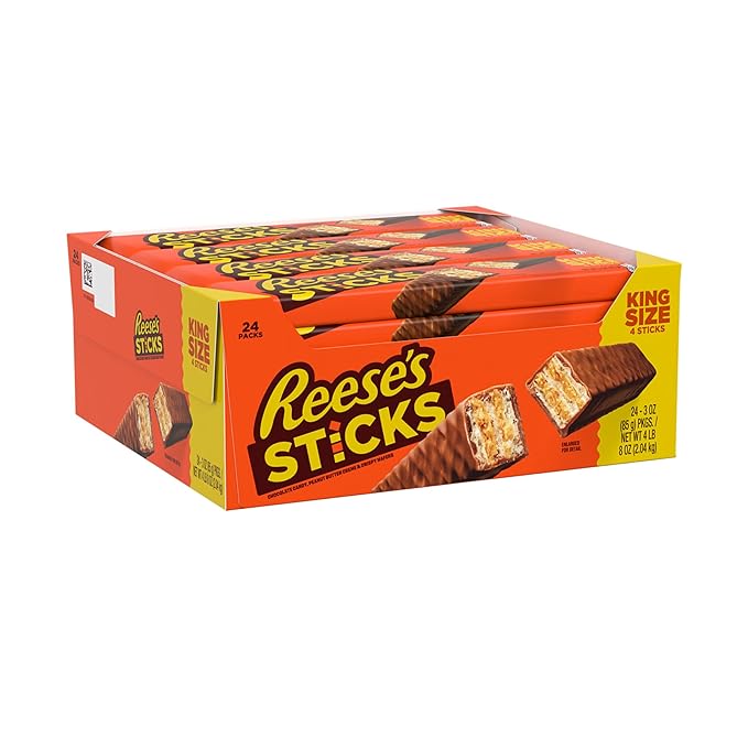 REESE'S STICKS Milk Chocolate Peanut Butter Wafer King Size Candy Packs 3 oz (24 Count)