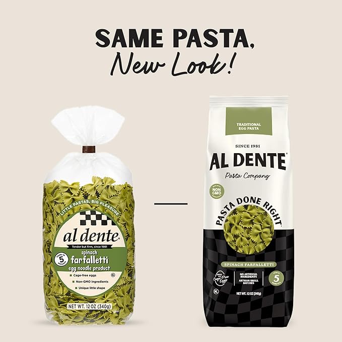 Al Dente Spinach Farfalletti – All-Natural Hand-Crafted Egg Pasta. Traditional Pasta Noodles Made with Cage-Free Eggs Semolina and Spinach. (Packaging May Vary) - 12oz Bags (Pack of 4)