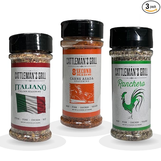 Cattleman's Grill 3-Pack Gift Set BBQ Rub 8 Second Ride Carne Asada Italiano Ranchero Flavors Rub and Seasoning for Steak Pork Chicken Beef Veggies 5 to 6oz Bottles by Pinnacle Mercantile