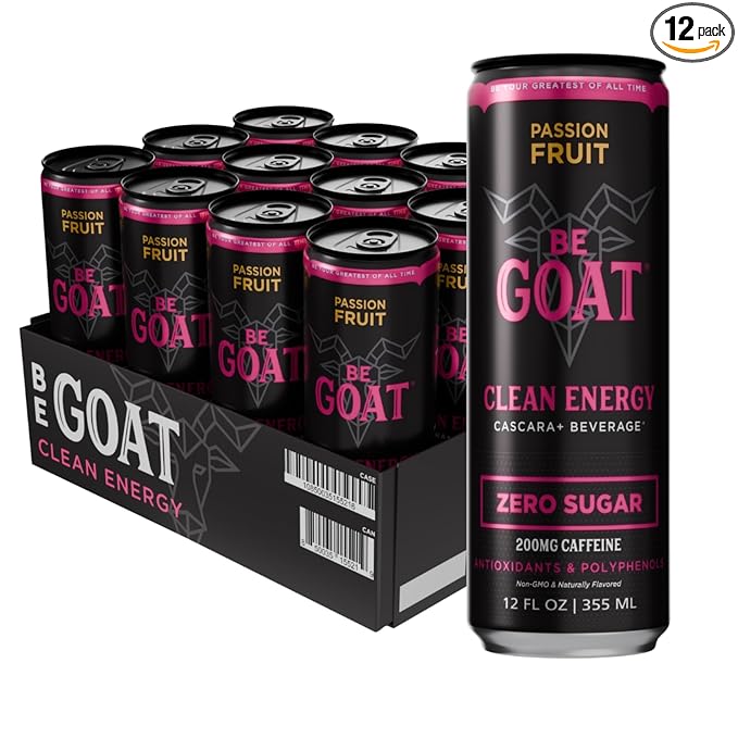 BeGOAT Clean Energy | Passion Fruit Zero Sugar | 6 Ingredients Plant-Based Zero Sugar Non-GMO Vegan | 200mg Natural Caffeine | 12 fl oz Cans (Pack of 12)