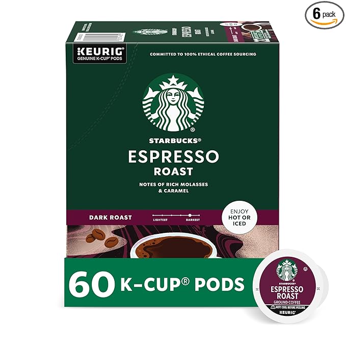 Starbucks K-Cup Coffee Pods Dark Roast Coffee Espresso Roast for Keurig Coffee Makers 100% Arabica 6 Boxes (60 Pods Total)