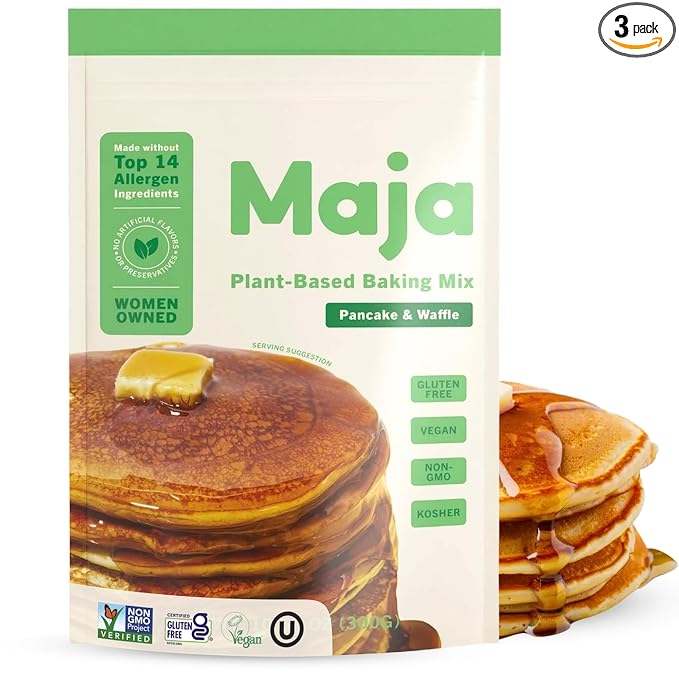 Maja Plant-Based Pancake &amp Waffle Mix Pack of 3| Gluten-Free Top 14 Allergen-Free Dairy &amp Egg Free | Quick-Mix Batter for Fluffy Pancakes &amp Crispy Waffles | Clean Ingredients No Artifi
