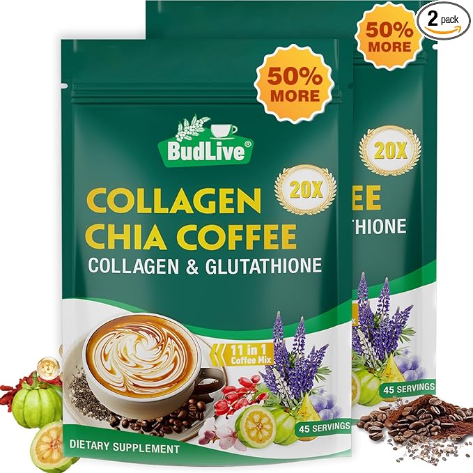 20X Collagen Chia Coffee 11 in 1 Coffee Mix with Collagen &amp Chia Seeds Goji Berry Supports Hair Skin &amp Nails Sugar Free Vegan 45 Servings (9.8Ounce (Pack of 2)