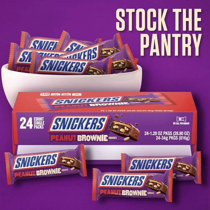 SNICKERS Peanut Brownie Squares Full Size Chocolate Candy Bar 1.2 oz (Pack of 24)