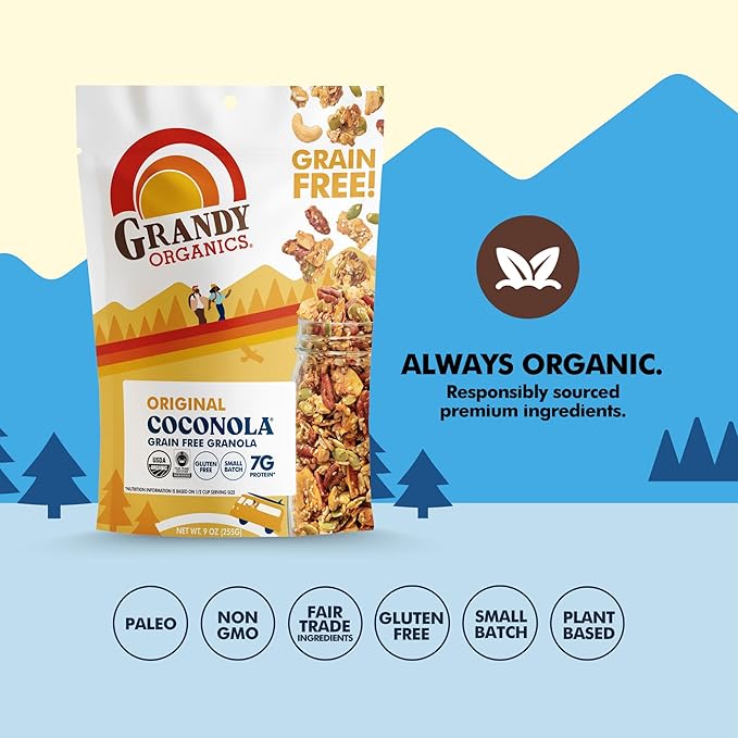 Grandy Organics Original Coconola Granola Certified Organic Gluten Free Granola Grain Free Vegan and Paleo Original Flavor Coconola 9oz Each Pack of 3
